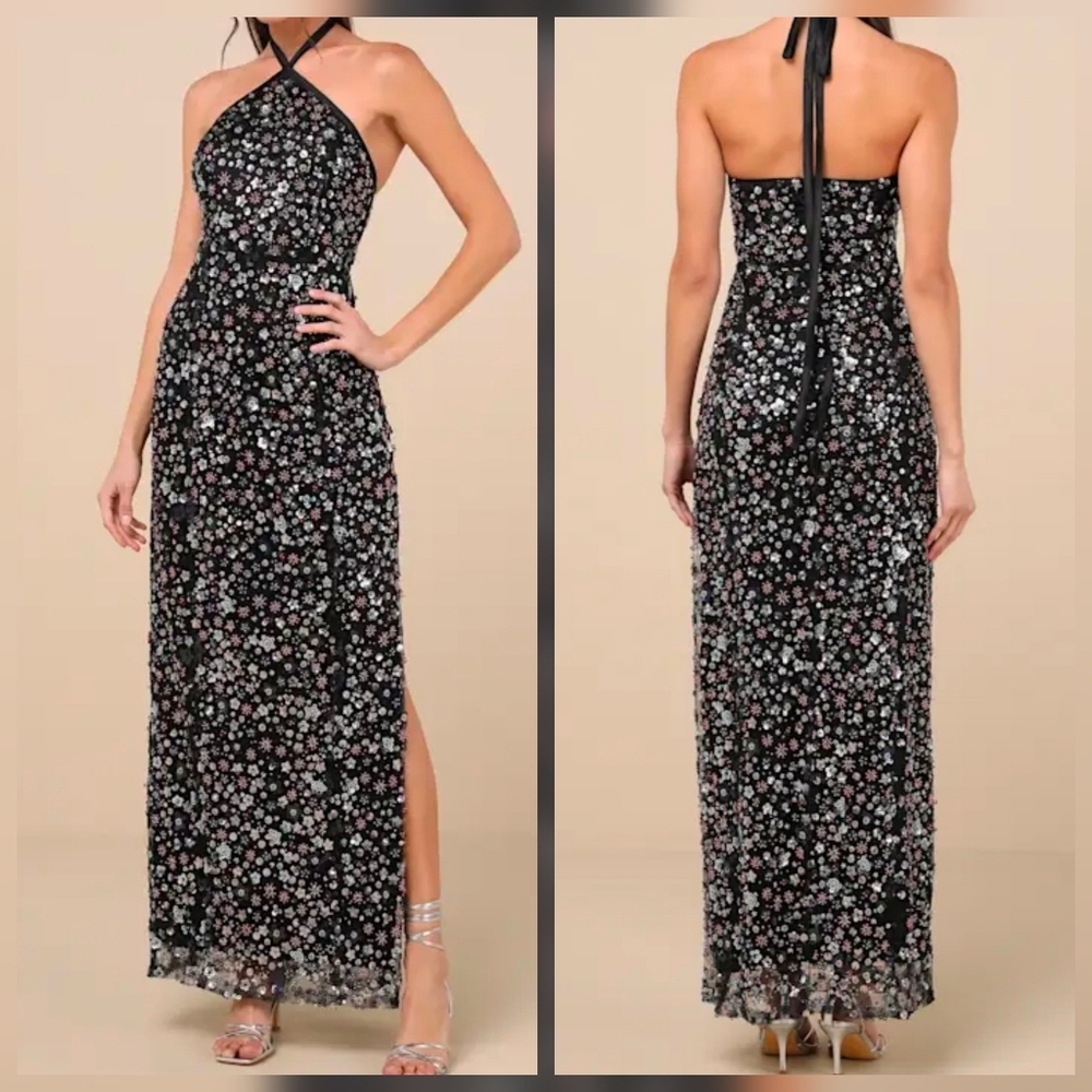 Lulus Edalene Black Mesh Sequin Beaded Halter Maxi Dress, XS